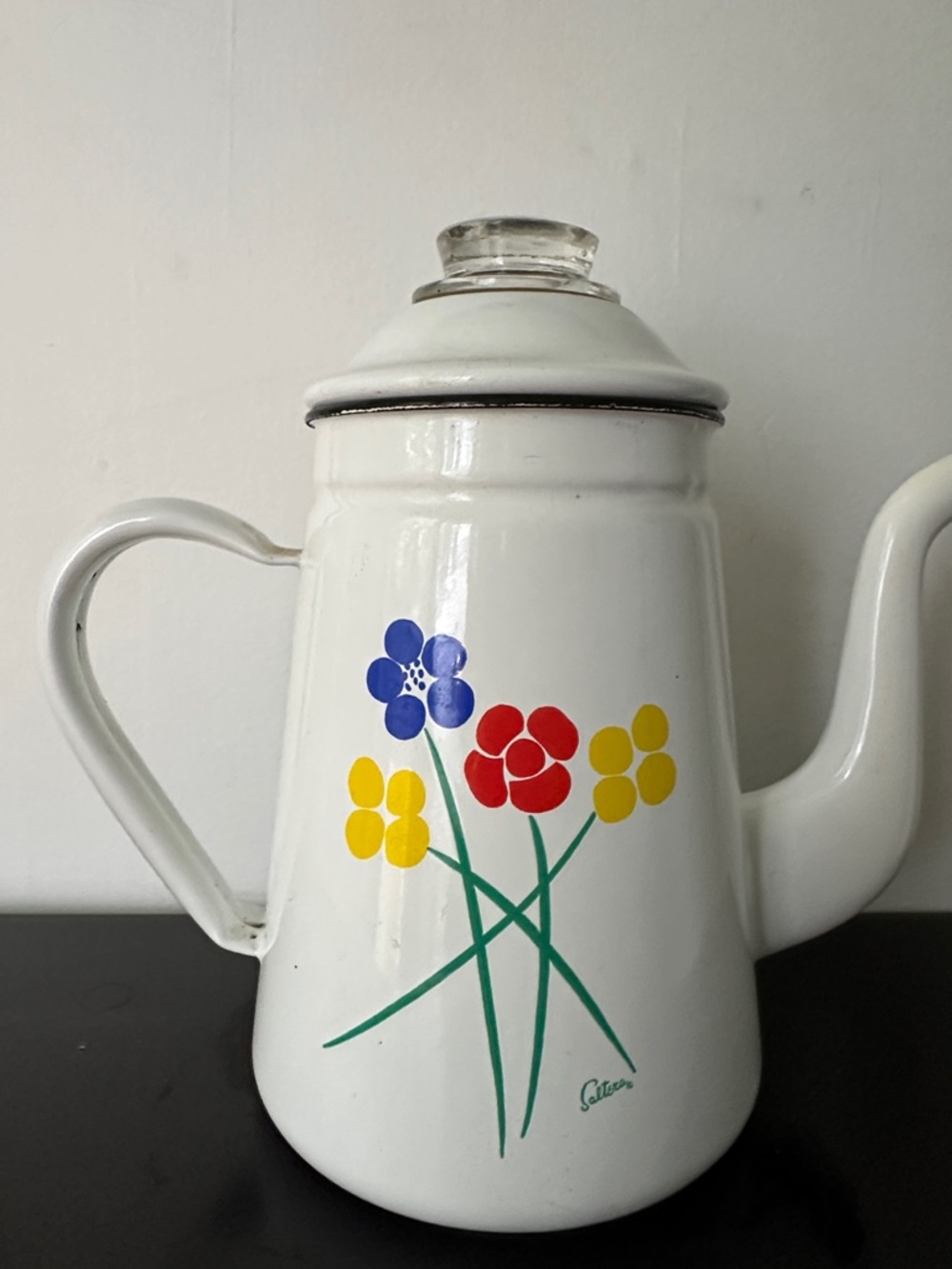 White Floral Rooster Enamel Coffee Pot - Picture 2 of 6
